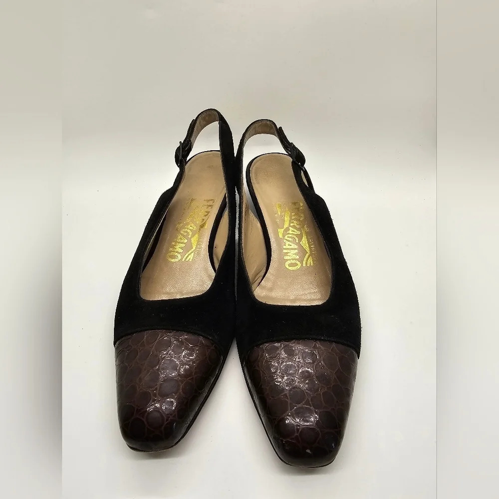 Salvatore Ferragamo Vintage Black and Brown Toe Sling Backs Women's Size 6